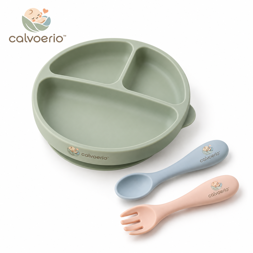 calvoerio™ Suction Silicone Baby Feeding Plate Set on a white background