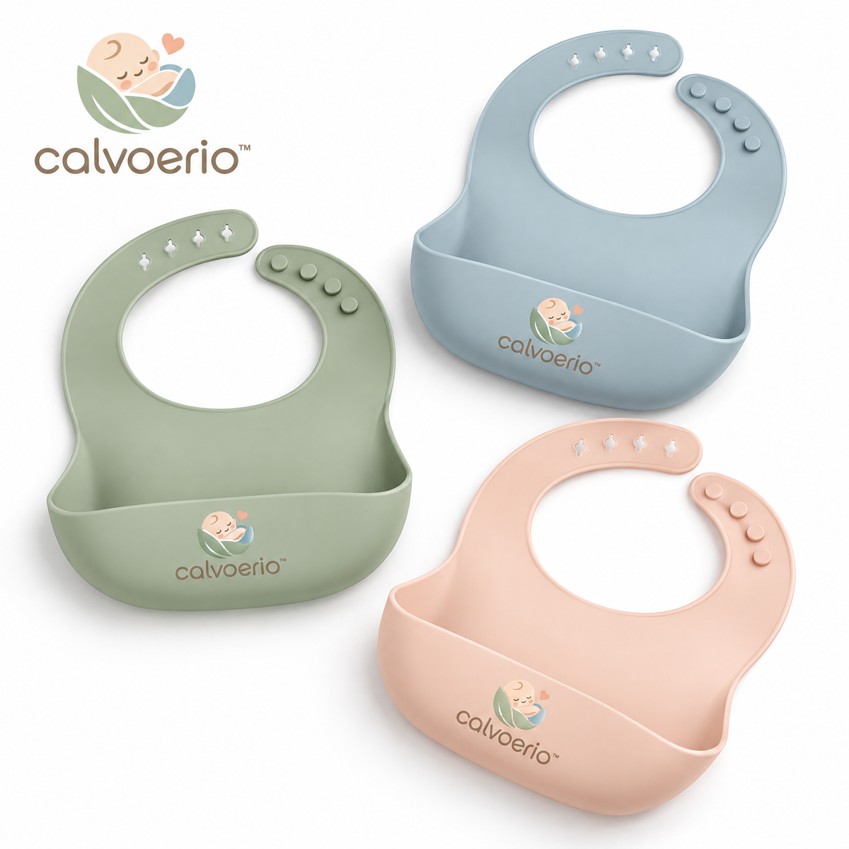 calvoerio™ Adjustable Silicone Baby Feeding Bib Set on a white background